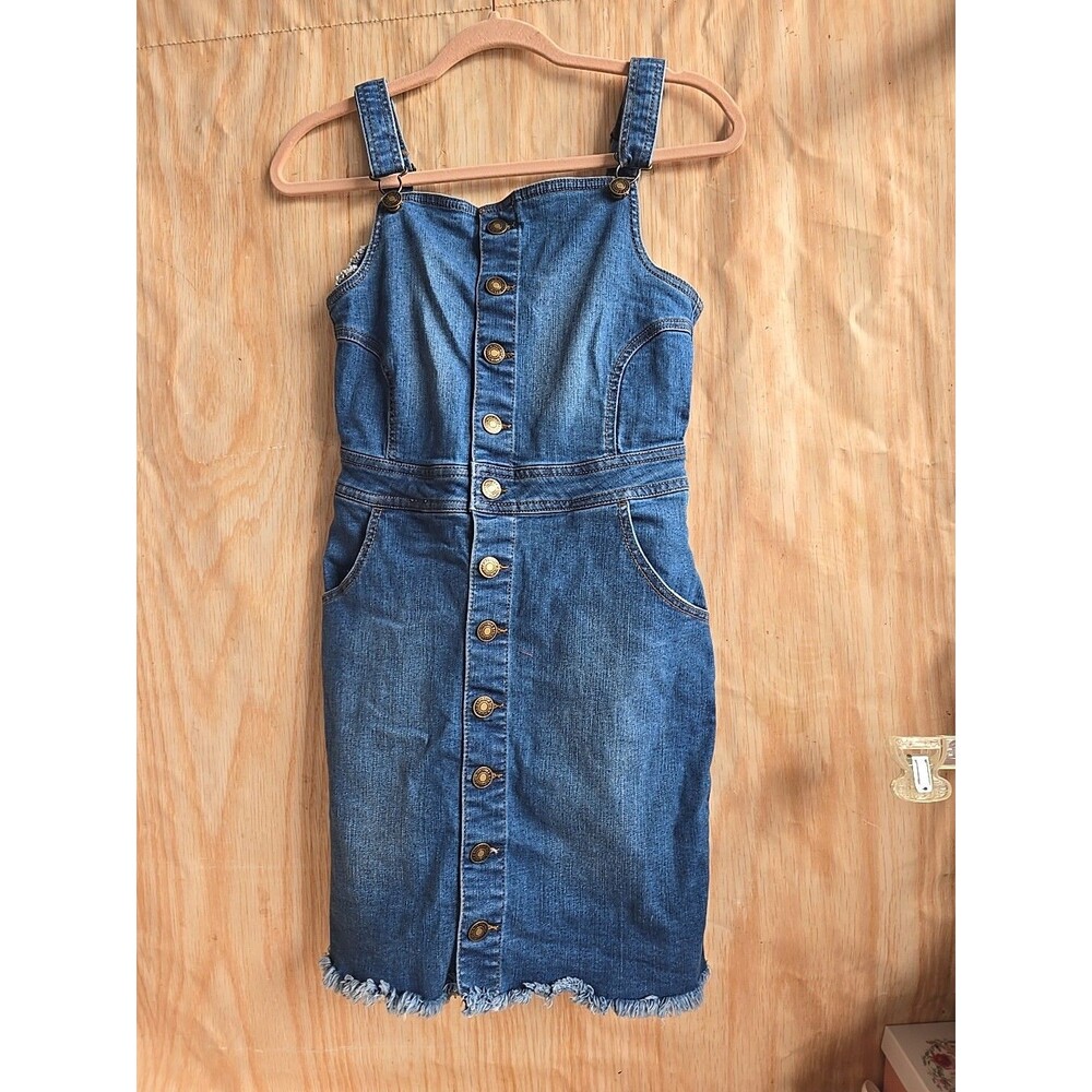Wax Jean Dress SMALL BASIC Denim Overalls Skirt Blue Jean Button Front Jumper